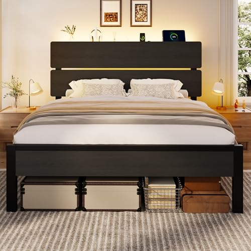 Image of SHA CERLIN Full Size Bed Frame, Led Light, Charging Station, Storage Shelf | Wooden Headboard, Heavy Duty Slats Support, Metal Platform Bed, Under Bed Storage, No Box Spring Needed, Noise Free, Black