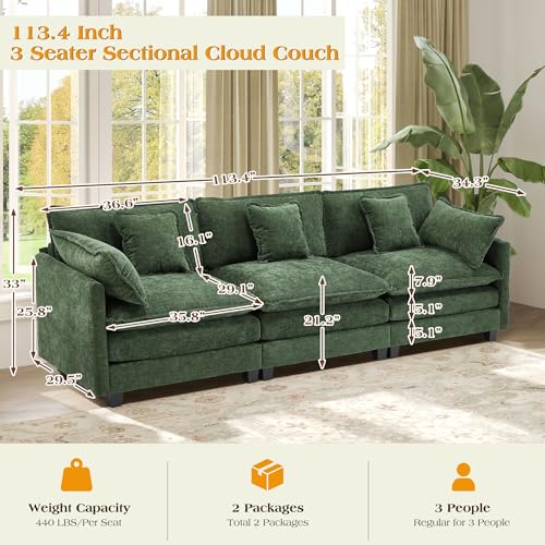 Image of 113.4 inch Modular Sectional Sofa,Cloud Couch for Living Room, Modern Deep Seat Sofa 3 Seater Chenille Fabric Comfy Couches with Throw Pillows for Apartment