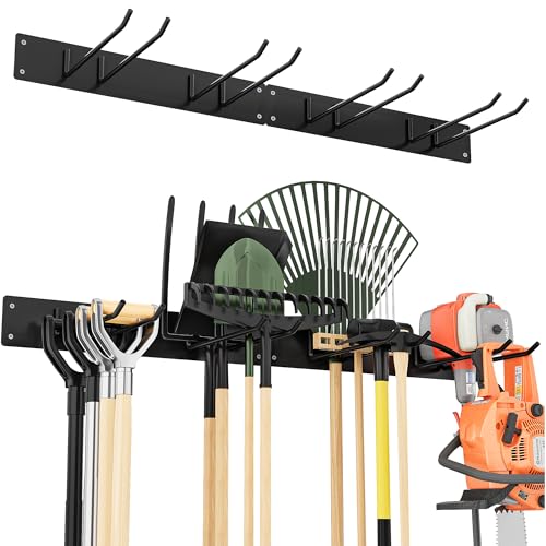 Urban Deco Metall-Gartengerätehalter, Gerätehalter Wandhalterung 150kg Tragkraft mit 4 Doppelhaken & 2 Paneele – Aufhängung für Gartenwerkzeug in Garage, Garten, Keller (Schwarz)