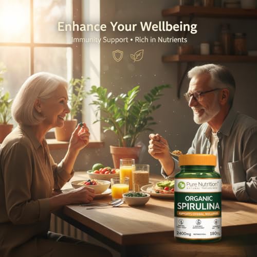 Image of Pure Nutrition Organic Spirulina 2400mg (Per Serving), 360 Veg Tablets (180X2) | Spirulina Powder Organic Tablets | Supports Healthy Skin & Boost Immunity | Support Weight Management & Detoxification