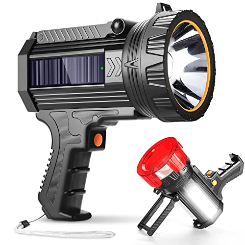 YIERBLUE Rechargeable Spotlight Flashlight with Solar Panels, 120000 High Lumen Outdoor Handheld Spot Lights and Flood Light, Foldable Stand and 3 Colors Lenses for Boating Hunting and Camping