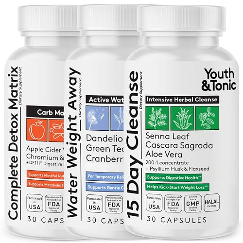 Youth & Tonic 3pk Detox Cleanse Kick-Off - Colon Cleanser & Water Loss Support - 15 Day Weight Management for Bloating & Water Retention Relief, Body, Gut & Colon Cleanse - 90 Capsules for Women & Men