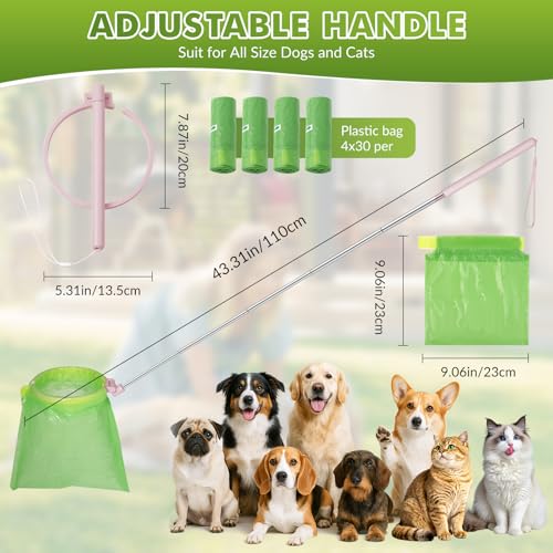 Image of Dog Pooper Scooper, 43 inch Extendable Pooper Scooper Long Handle with 120 Bags | Portable Poop Scoop for Small Medium Large Dogs, No Touch, Stainless Steel, Lightweight, Foldable, Suit Yard,Wild, City, Park
