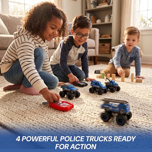 Image of Die-Cast Alloy Monster Police Truck Set of 4 with Manual Launcher | Metal Mini Monster Vehicle Toy Cars | Multicolor Pull-Back Friction Trucks for Kids Aged 3+ Years
