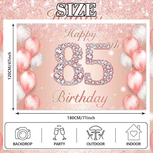 Image of Happy 85th Birthday Rose Gold Banner Cheers to 85 Years Old Backdrop Confetti Balloons Theme Decor for Women 85 Years Old Pink Birthday Party Decorations Bday Supplies Background Favors Gift Glitter