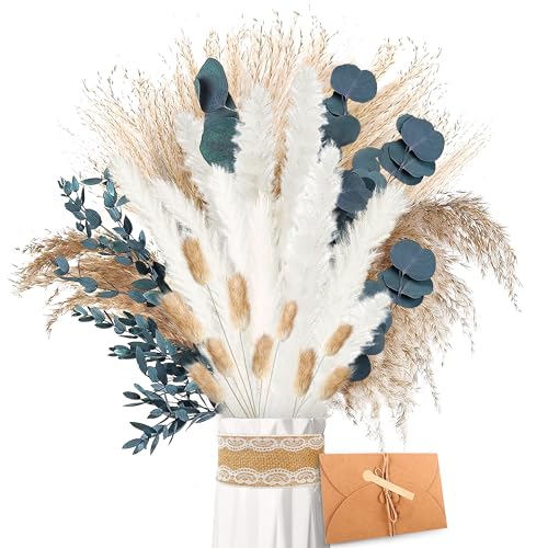 ZJTAPE Pampas secas flores secas decoração - Eucalipto seco naturais, erva de pampa branca frondes esponjosas, ramo de flores secas para mesa de casamento, decoração de casa boho