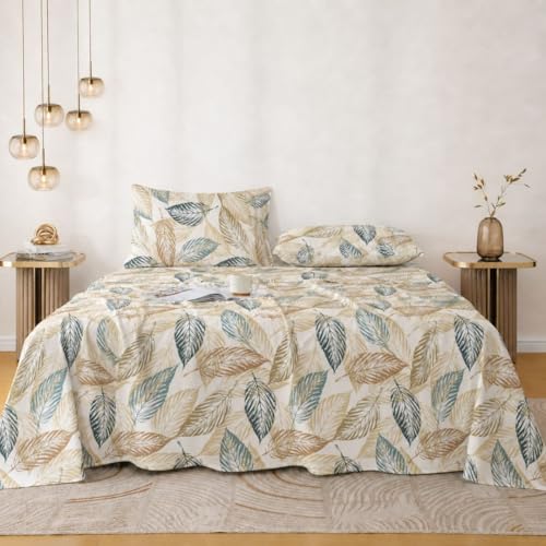 Image of Jaipur Weaves Double Bed Cotton Bedsheet Queen Size 90x100, 100% Pure Cotton Bed Sheet with 2 Pillow Covers, 240 TC Soft Breathable Leafy Design - (Grey Olive, Queen)