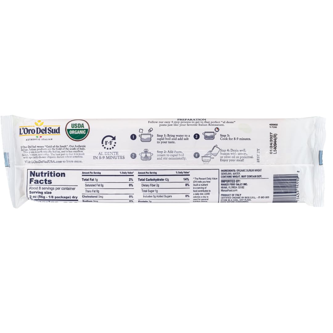 Organic Spaghetti, 100% Durum Wheat, Italian Pasta, Premium Quality Product of Italy (10 pack x 16 Oz) Non GMO, Vegan, Kosher Certified by L'Oro del Sud