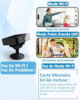 UCOCARE Camera Espion, Fonctionne avec ou sans Wi-FI, Camera de Surveillance sans Internet avec Carte TF de 64 Go, Vision Nocturne, Support Magnétique, Mini Camera pour Intérieur/Extérieur(Noir)