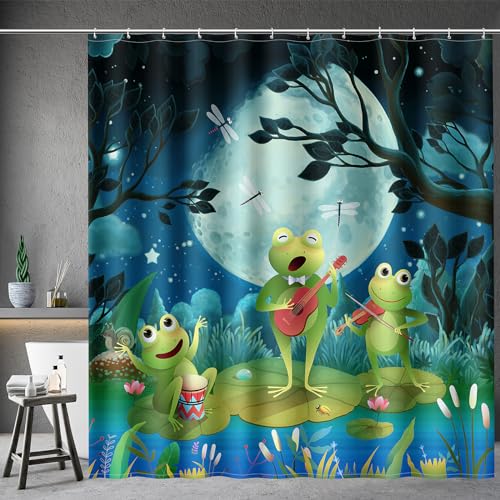 Image of Aimego Funny Frog Shower Curtain - Cute Cartoon Frogs Dragonfly Lotus Leaf Floral Pond Wildflower Moon Fun Bath Shower Curtain Set with 12 Hooks for Kids Adults Bathroom Decor Accessories,72 inchx72 inch