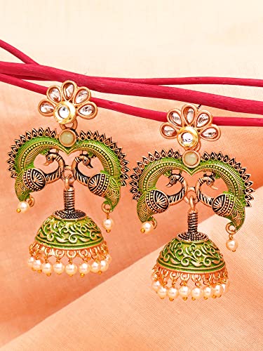 Karatcart Antique Gold Plated Light Green Designer Peacock Jhumki Earrings for Women - Image 4