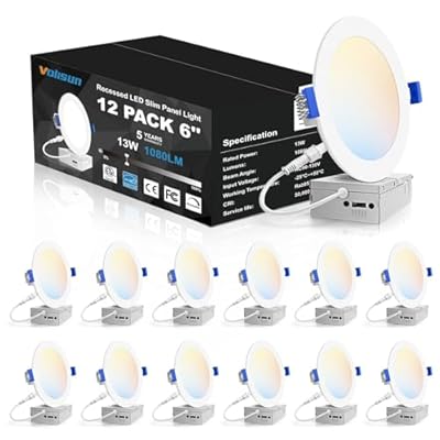 VOLISUN 12 Pack 6 inch Recessed Lighting, 5CCT LED Recessed Light with Junction Box, 2700K-5000K Selectable, 13W Eqv 120W, 1080LM Dimmable Canless Wafer Downlight, LED Ceiling Light ETL Certificated