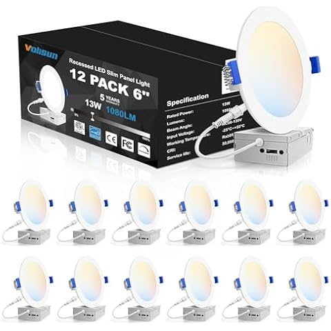VOLISUN 12 Pack 6 inch Recessed Lighting, 5CCT LED Recessed Light with Junction Box, 2700K-5000K Selectable, 13W Eqv 120W, 1080LM Dimmable Canless Wafer Downlight, LED Ceiling Light ETL Certificated Cover