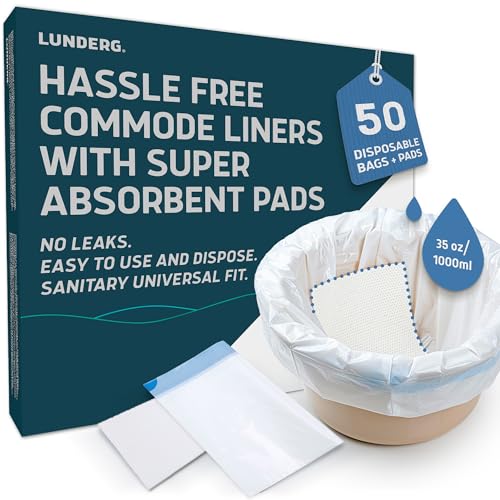 Lunderg Commode Liners with Absorbent Pads - Value Pack Medical Grade 50 Count Universal Fit - Disposable Bedside Commode Liners & Pads for Adult Chairs, Portable Potty Buckets & Camping Toilet Bags