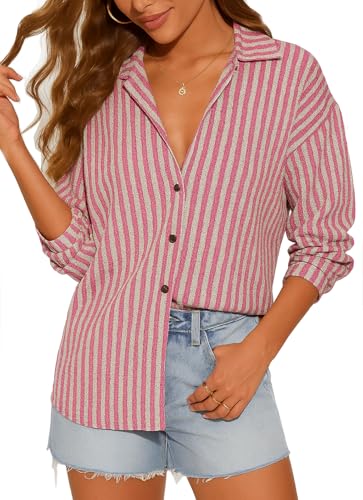 NUOREEL Womens Waffle Knit Button Down Shirt Stripe Long Sleeve Casual Blouses Tops