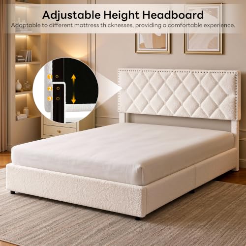 Image of LIKIMIO Queen Upholstered Bed Frame with 4 Storage Drawers, White Boucle | 41 inch /43 inch Height-Adjustable Headboard, With Under-Bed Drawers, No Box Spring Needed