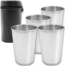 Saxx Set of 4 Camping Cups with Leather Pouch | Outdoor Tumbler | Compact Lightweight, Shatterproof, 180 ml Stainless Steel + Carry Bag | 5 Pieces