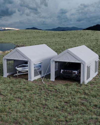 Image of [2-Pack] 10x20 ft Portable Garage Carport, Heavy-Duty 200g PE Tarp with 2 Roll-up Doors & 4 Windows, White Waterproof Shelter for Paint Booth, Boat, Pickup & Event