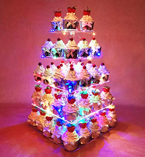 Hexnub soporte de 5 plantas niveles acrílico para cupcakes magdalenas pasteles y postres torre para servir con luces LED para fiesta de bodas cumpleaños baby shower meriendas (Multicolor)