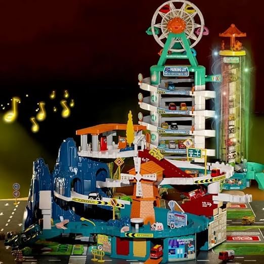 EXOMOON Ferris Wheel & Elevator Car Adventure- 4 Level Parking with Light ?Music & 14 Mini Cars & Vans-Garage Parking Lot Play Set for Kids- Boys & Girls 2