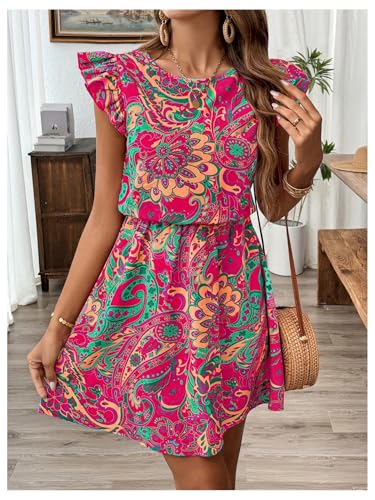 SOLY HUX Women's Boho Print Tie Back Mini Dress Ruffle Cap Sleeve Crew Neck Vacation Dresses4