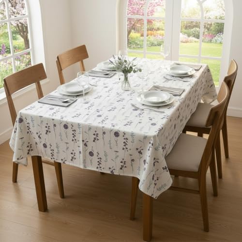Image of HOMEMONDE 100% Cotton 4 Seater Table Cloth, 45 x 60 Inches Floral Printed Table Cover for Home Decor (114 X 152 cm, Blue & Purple)