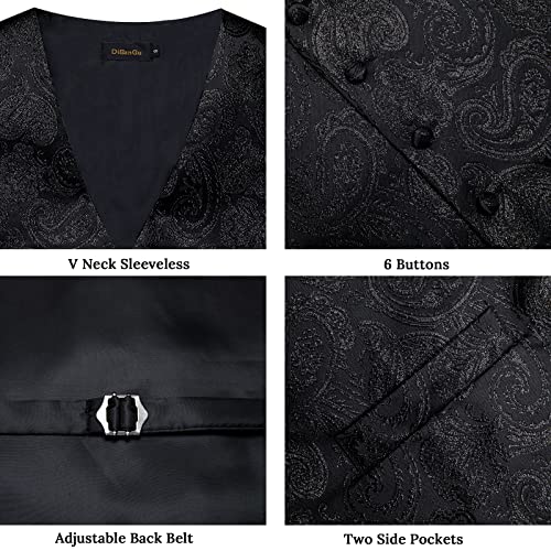 Image of DiBanGu Mens Vest and Tie Set Formal Paisley Waistcoat and Necktie Pocket Square Cufflinks Silk Suit Vest for Tuxedo Wedding