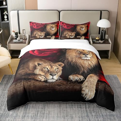 Parure de Lit Coton 220x240 cm, Housse de Couette Lion Rose, Ensemble de Literie À Imprimé Floral Animalier, Literie sur Le Thème de La Nature, pour Enfants...