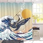 Rideaux de douche de chat amusant, Baleine d'équitation de chat dans l'océan japonais Ensembles de rideaux de douche Kanagawa Waves, Tissu imperméable Rideau pour enfants nautiques avec crochets pour salle de bain Décor - 72" x 72"