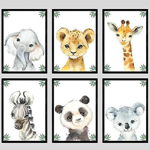 Baby Safari Animals for Girl or Boy Nursery Bedroom, Set of 6 Unframed Wall Art Prints, Jungle Leaves Posters, Nursery Decor Gift, Giraffe Elephant Lion (8x10)