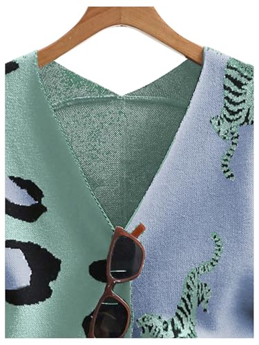Image of WDIRARA Women's Leopard Tiger Print Cardigan V Neck Long Sleeve Color Block Button Down Sweater Outwear