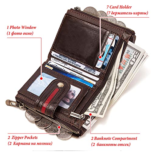 Genuine Leather Wallets for Men,RFID Blocking Cowhide Vintage Bifold Zipper Snap Closure Large Capacity 7 Credit Card Slots+2 Banknote Compartment+2 Zip Coin Pocket+1 ID Window3