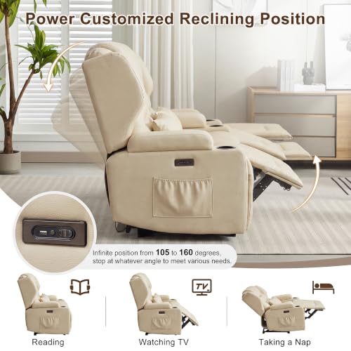 Image of DRMBOOK RV Power Loveseat Recliner Sofa, Leathaire Fabric Wall Hugger Reclining Sofa, Home Theater Seating Chair with Cup Holder, 2 Person Couch for Living Room, Beige