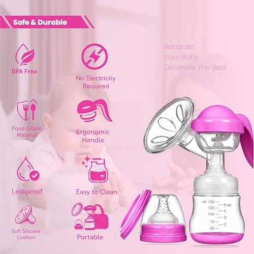 Image of ARDAKI Breast Pump for Feeding Mothers, 3 Level Suction Adjustment, Flexible Silicone Massage Cushion & Ergonomic Handle for Easy & Painless Breast Milk Expression, Manual Breast Pump, BPA Free (PINK)