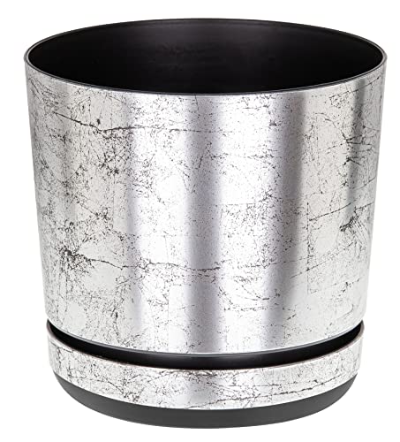 KORAD Old Silver Indoor Plant Pots with Drainage Holes and Attached Saucer, Round Modern Decorative Plastic Flowerpots for Houseplants, Succulents, 6 Sizes, 25 Colour Options- (14 cm(5.5 inches))
