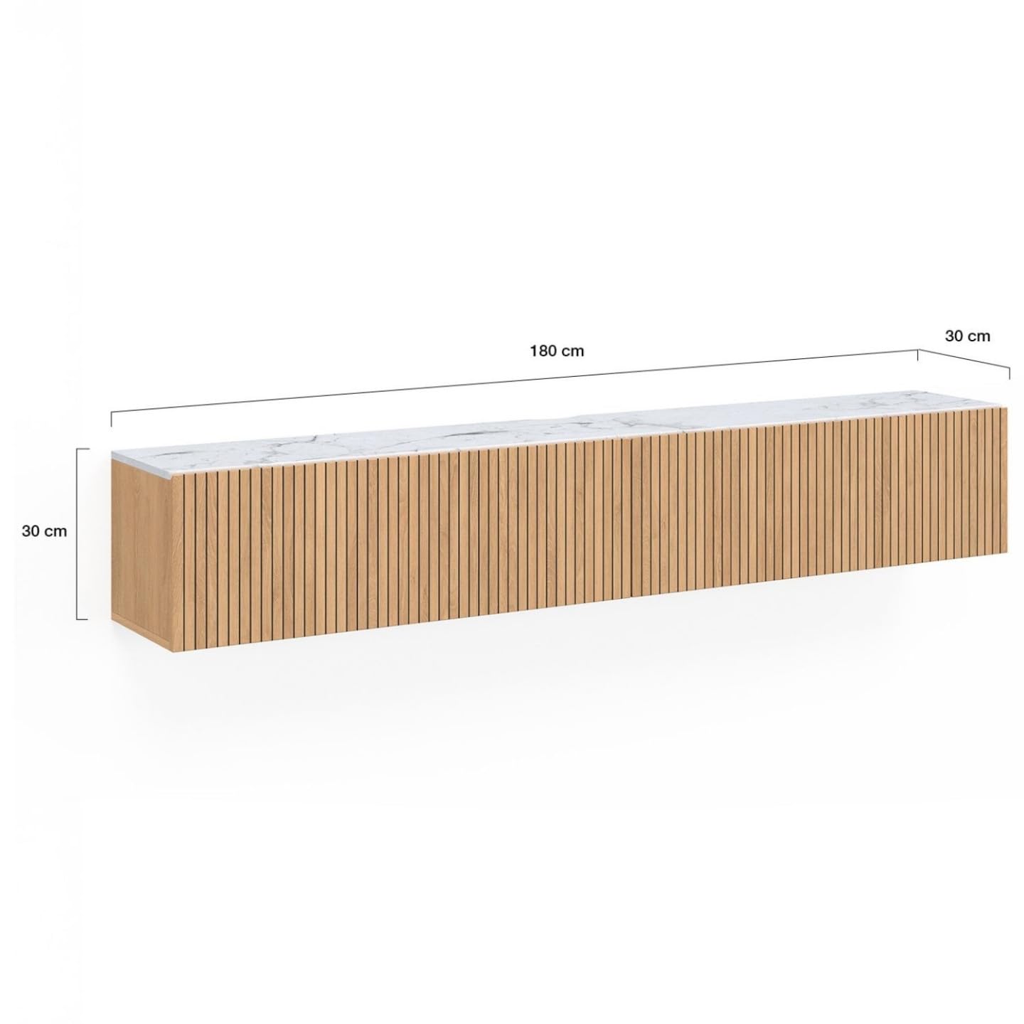 IDMarket - Meuble TV 180 cm Suspendu Juliette 2 Portes Plateau Effet marbre Lattes tasseau Bois Coloris chêne