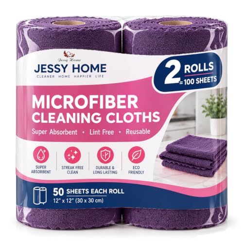 Jessy Home 2 Roll Reusable Paper Towels,100 Sheets Tear Away Microfiber Cleaning Cloth, Lint Free Cleaning Rags for Kitchen, Dishcloth,Household Cleaning Supplies