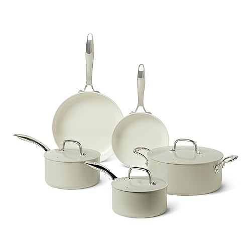 Amazon Basics Ceramic Nonstick Cookware, 8-Piece Set of Pots and Pans, Dishwasher and Oven-Safe, All Cooktop Induction Friendly, Linen Gray - Linen Gray