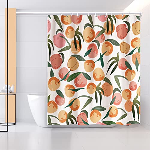 Acitly Shower Curtain 72"×72" Peach Bathroom Decor Set With Bath Mat, Boho Peachy Pink Bathroom Rug Cute Cartoon Plush Shower Mat Funny Non-Slip Absorbent, Waterproof Bright Shower Curtain 12 Hooks #TOP2