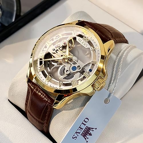 Image of OLEVS Mechanical Dress Mens Watches Square Brown Leather Strap Moon Phase Skeleton Tourbillion Day Date Waterproof Luminous Men's Wrist Watches