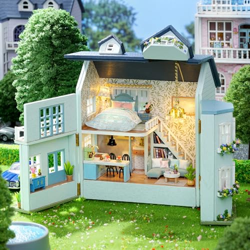 Image of TuKIIE DIY Miniature Dollhouse Kit with Furniture, 1:32 Scale Creative Room Opened & Closed Mini Wooden Doll House for Kids Teens Adults(Warm House)