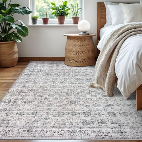 Grey Blue White 5x7 Area Rug for Nursery, Large Vintage Neutral Rug with Non-Slip, Washable Rugs for Living Room, Soft Traditional Floral Carpet for Farmhouse Dining Room Office Home Décor