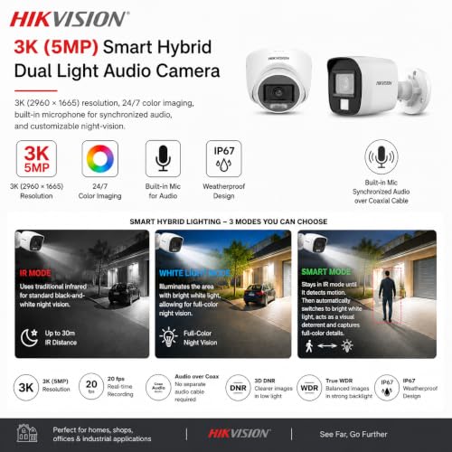 Image of Clocite HIKVISION 3K /5MP 16 CH DVR, 3K (5MP) 8 Dome & 4 Bullet Cameras [Color Night Vision + Built-in Audio MIC + SMART Dual Light + Motion Detection] + 4TB HDD 8 CH SMPS 2 Nos + CCTV Cable + BNC /DC