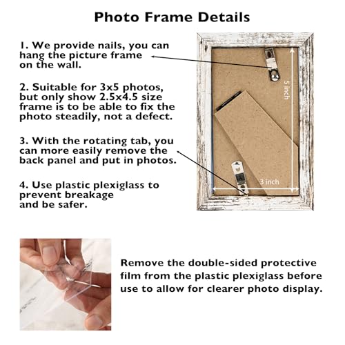 Image of JCJMY 3x5 Picture Frame for Tabletop, 3 x 5 Photo Frame with Shatter Resistant Plexiglass, Sturdy 3 by 5 Poster Frame, Rustic White
