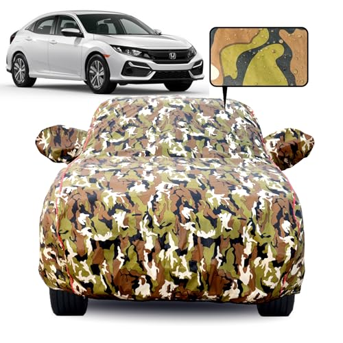 Image of Waterproof Car Body Cover for Honda Civic (2018-2026) with Mirror Pocket, Soft Cotton Lining, Triple Stitched, Full Bottom Elastic (Heat Resistant Jungle Print with Red Piping)