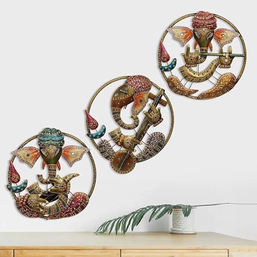 Image of PEDEX Set Of 3 Iron Lord Ganesha Playing Instruments Wall Hanging Sculpture Decorative Religious Showpiece for Home Wall Decor, Pooja Room, Temple & House Warming Gift (18X18 Inch Each)