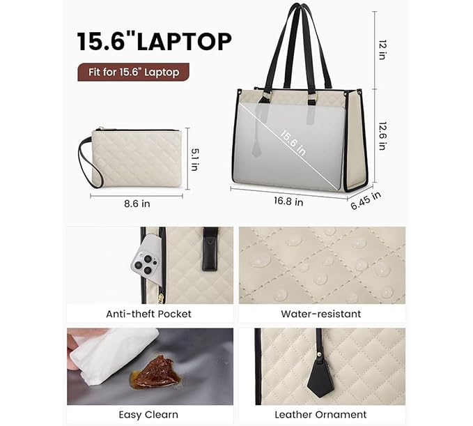 Image of Lunch Tote Bag for Women,15.6 Inch Laptop Bag with Insulated Lunch Compartment, Quilted Large Capacity Computer Handbag with Purse for Business, Work, Nurse,Collage,Office