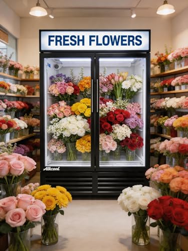 Image of Commercial Flower Beverage Refrigerator Floral Display Fridge,Two Glass Door Drink Cooler with LED Light Adjustable Shelves,ETL Sanitation,46 Cu Ft,54 inch Wide,Wheels Included