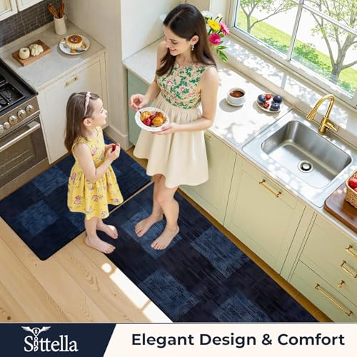 Image of SITTELLA Rubber Kitchen Mats Set of 2, Anti-Skid Kitchen Mats, Water Absorbent Rug, Carpets, Floor Mat for Home and Kitchen (120x40cm & 40x60cm) Blue Checks, Rectangular