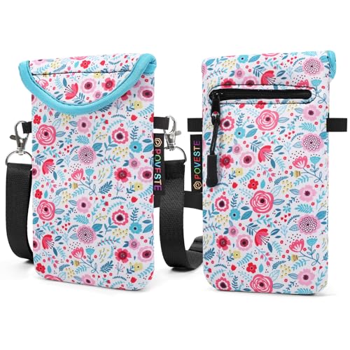 Image of POVESTE Neoprene Cell Phone Sleeve Pouch Case Bag with Crossbody Strap Lanyard for Women, Flap Closure Secure Cell Phone Bag with Pocket for Cards, Cash. (White Garden Flower)